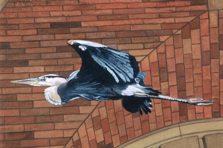 Silent Flight, blue heron detail, acrylic on canvas on wall